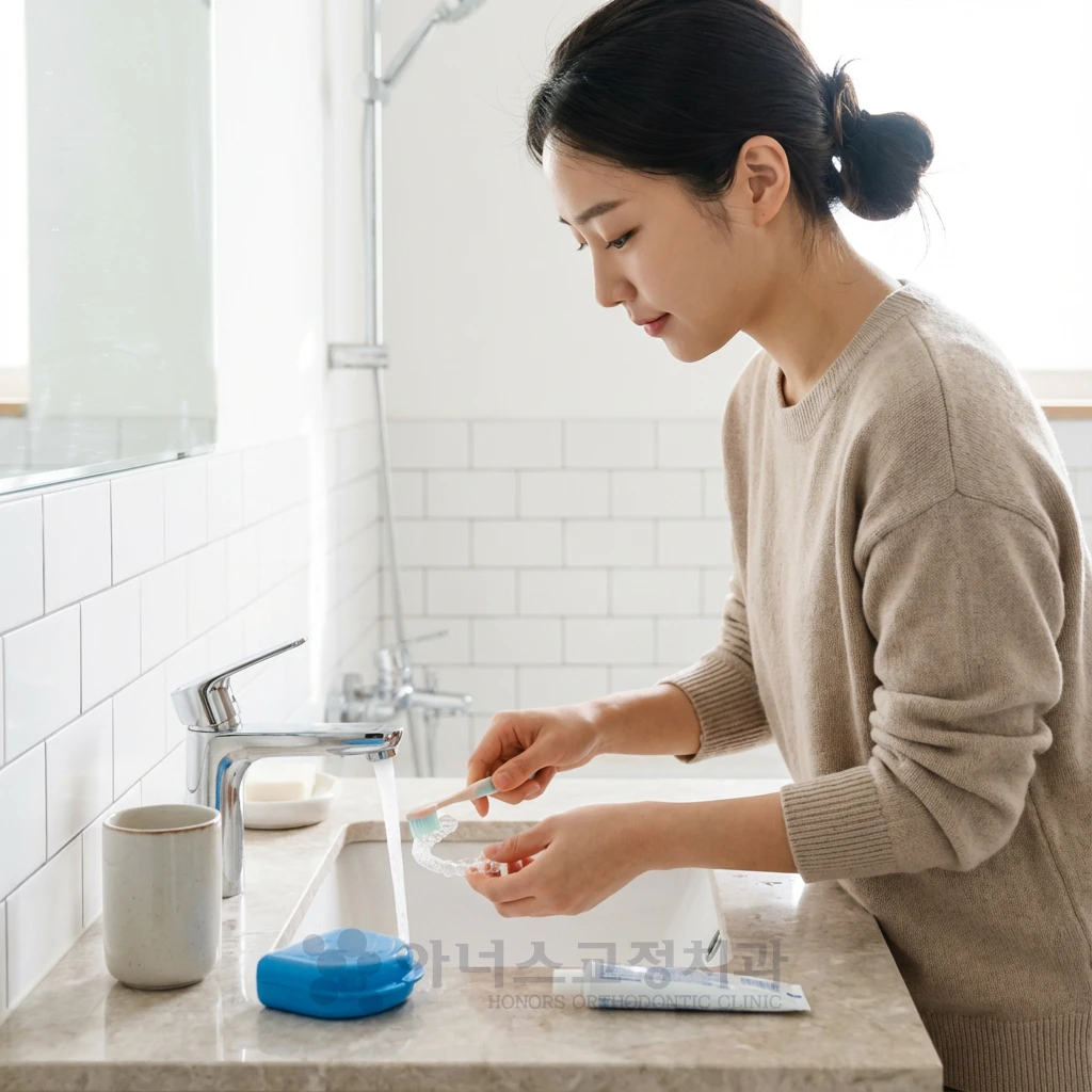 투명 유지장치를 부드러운 칫솔로 세척하는 모습, 올바른 유지장치 관리법