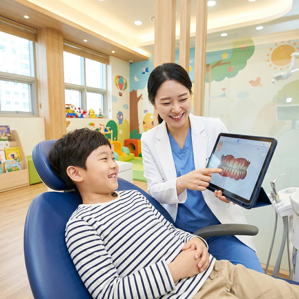 어린이 환자에게 구강스캔 결과를 보여주는 치과의사