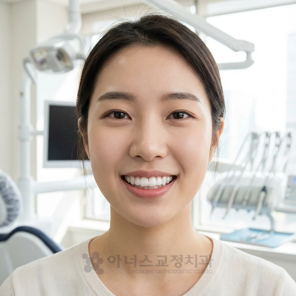 투명 유지장치를 착용한 20대 여성의 자연스러운 미소, 가지런한 치아