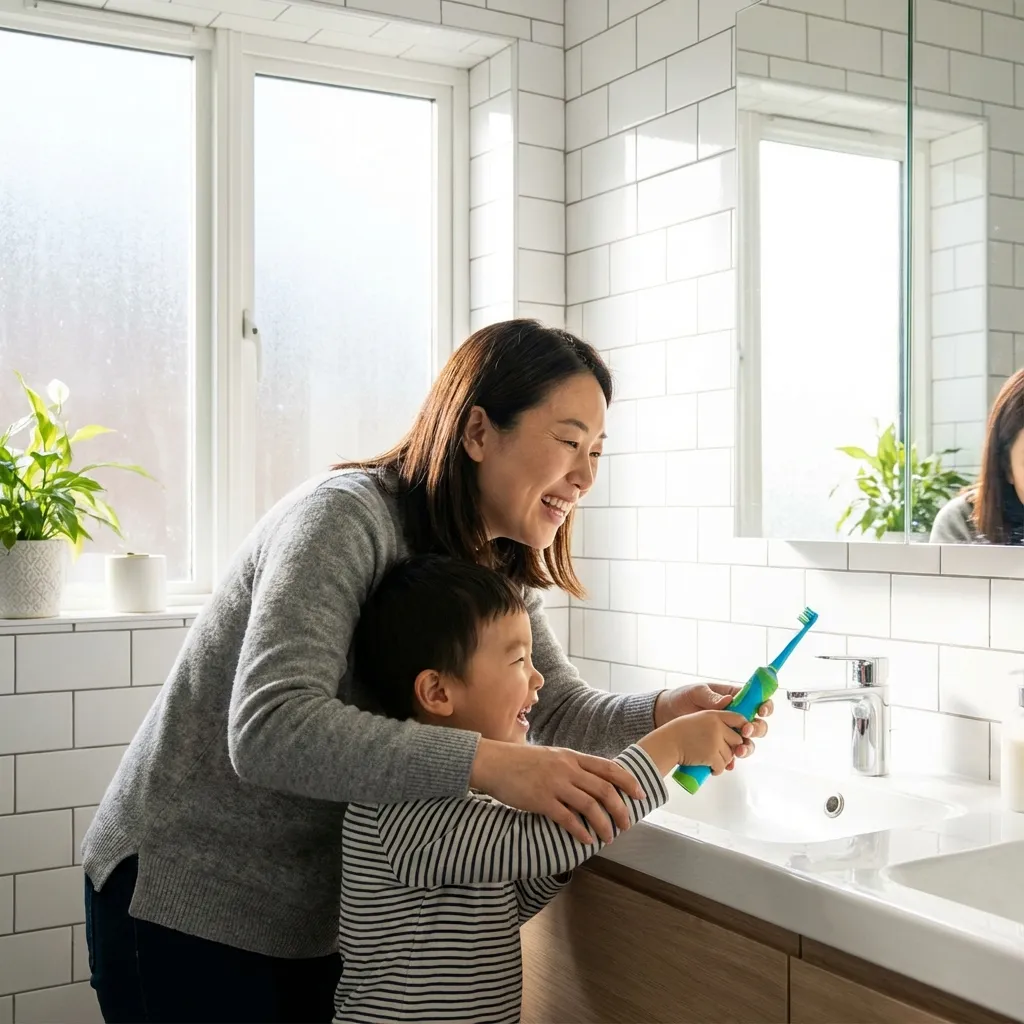 엄마가 아이의 양치질을 도와주며 구강 관리하는 모습