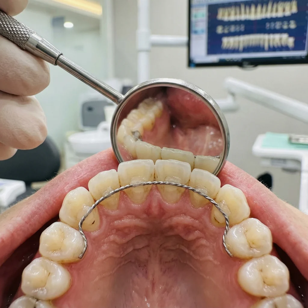 아래 앞니 설측에 부착된 고정식 유지장치 클로즈업