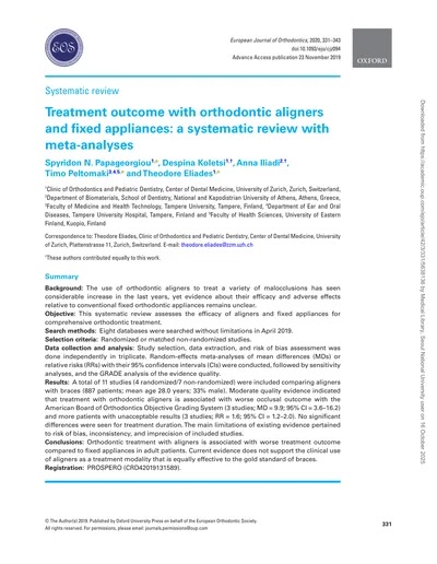 투명교정 vs 고정식 교정, 치료 결과는 정말 같을까? | Papageorgiou et al. EJO 2020