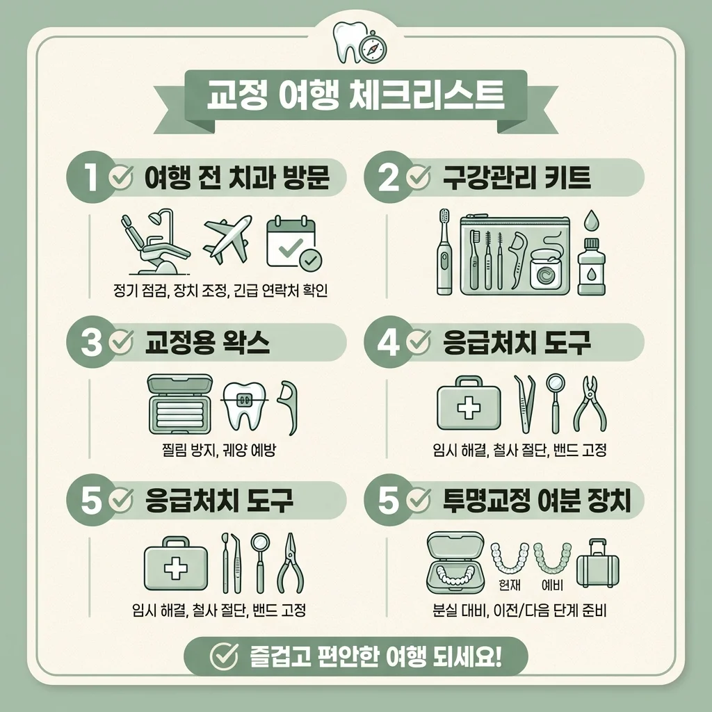 교정 여행 준비물 체크리스트 인포그래픽 - 구강관리 키트, 교정용 왁스, 응급처치 도구 | 아너스교정치과