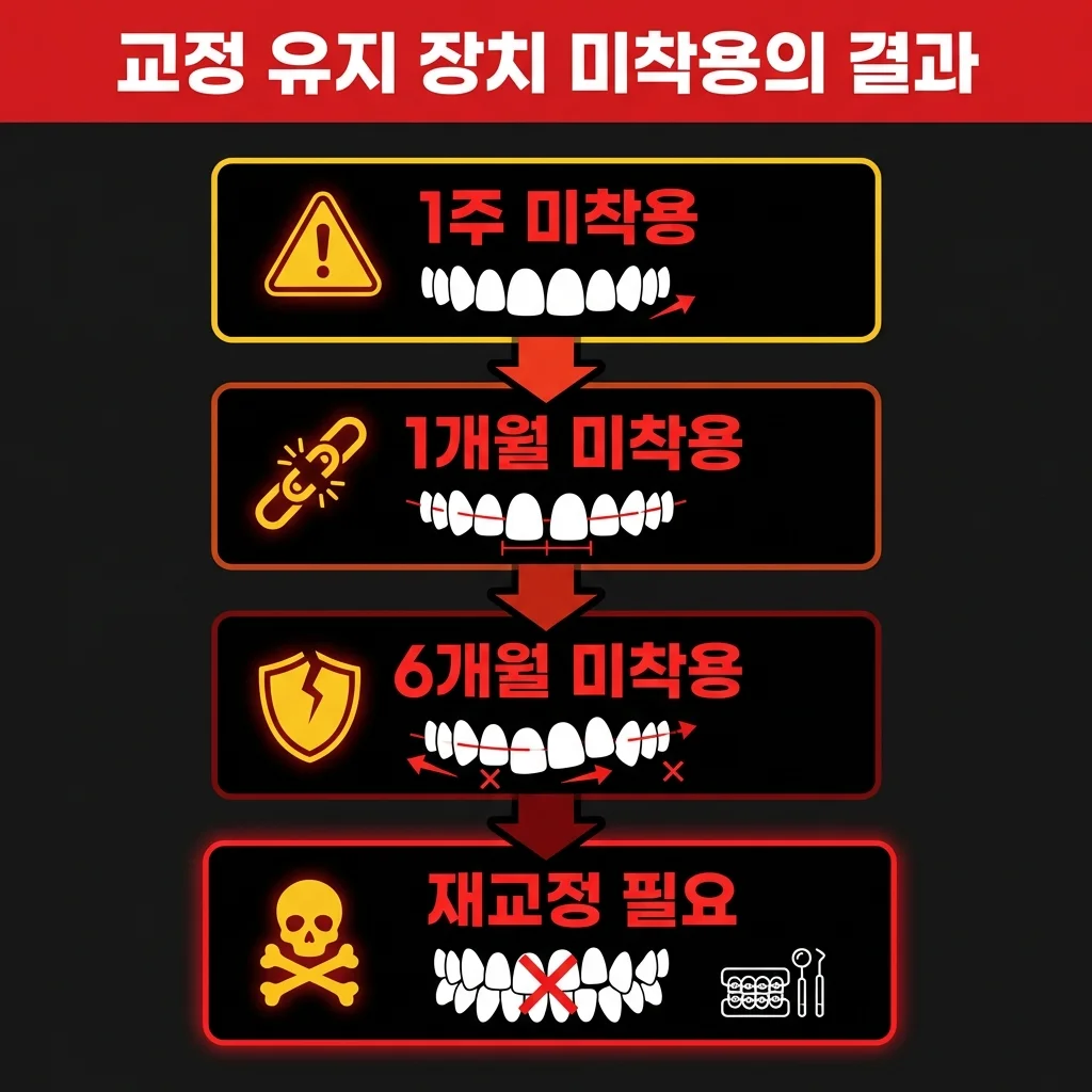 유지장치 미착용 시기별 결과 인포그래픽 - 1주, 1개월, 6개월 미착용 시 치아 변화 | 아너스교정치과