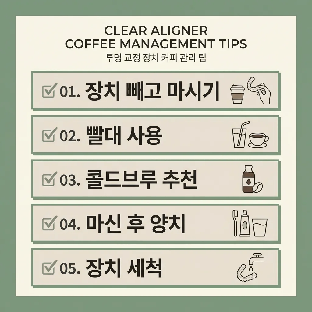 투명교정 커피 관리법 5가지 - 장치 빼고 마시기, 빨대 사용, 콜드브루 추천, 마신 후 양치, 장치 세척 인포그래픽 | 아너스교정치과
