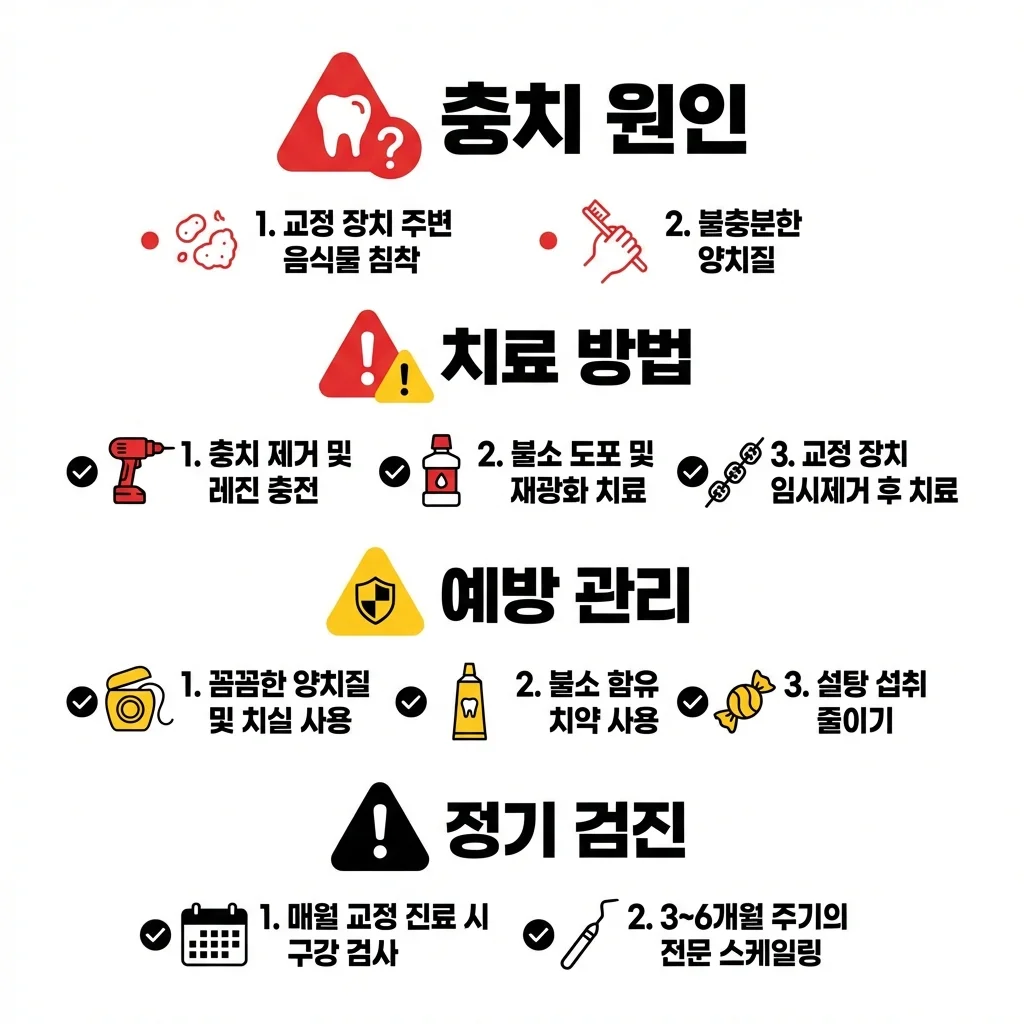 교정 중 충치 치료 방법 인포그래픽 - 충치 원인, 치료 방법, 예방 관리, 정기 검진 | 아너스교정치과