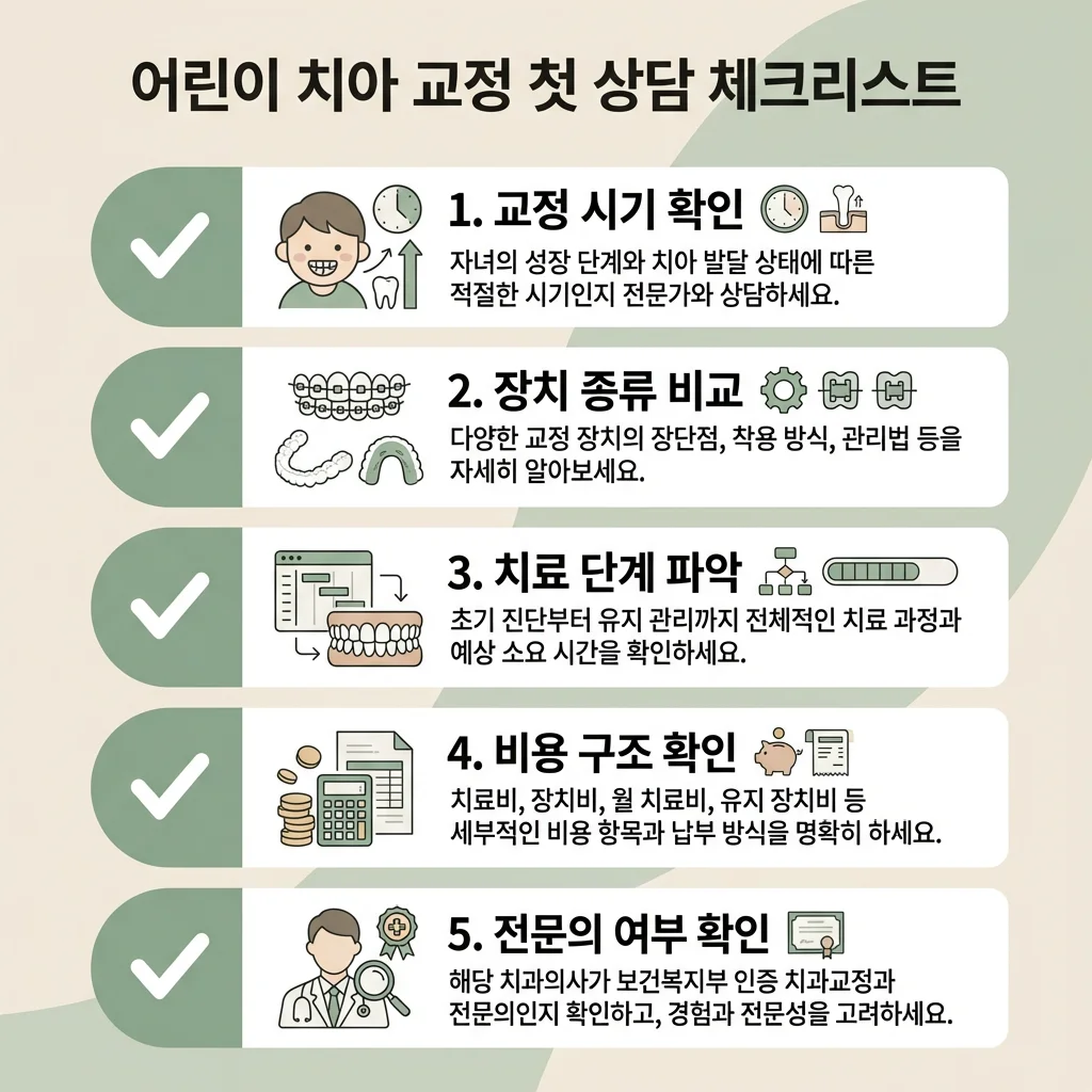 소아교정 첫 상담 체크리스트 - 교정 시기, 장치 종류, 치료 단계, 비용 구조, 전문의 확인 인포그래픽 | 아너스교정치과