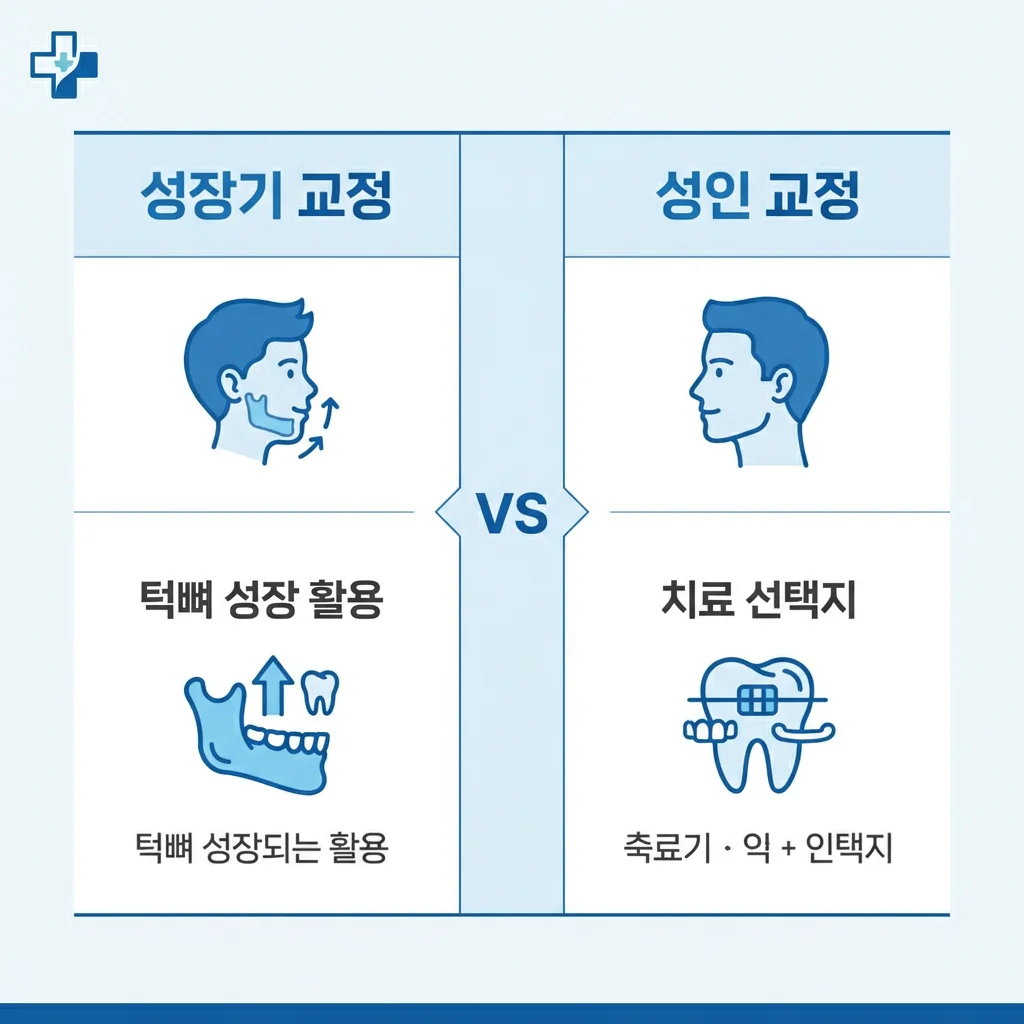 성장기 교정 vs 성인 교정 비교 인포그래픽