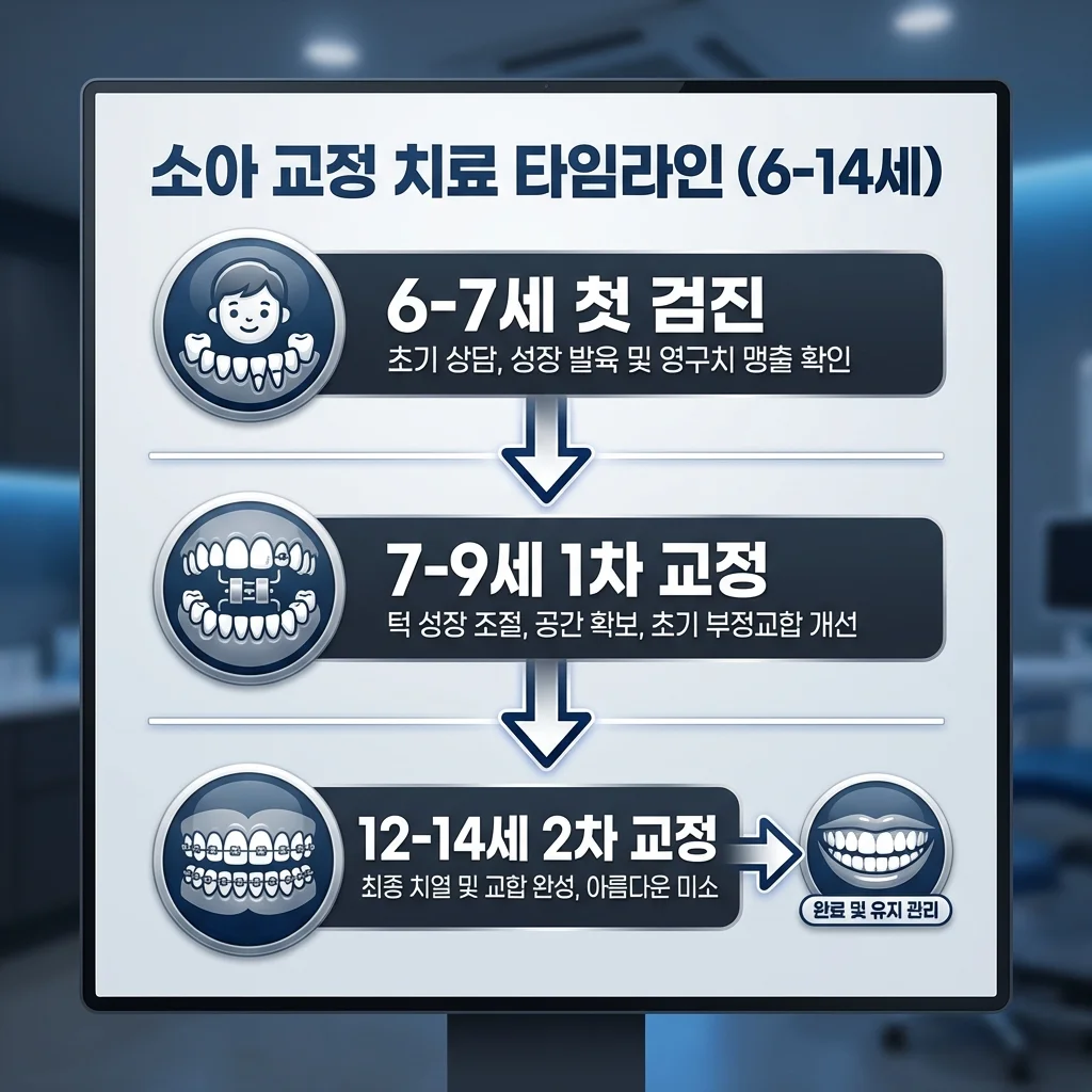 강서구 소아교정 치료 단계 - 6-7세 첫 검진과 1차·2차 교정 타임라인 인포그래픽 | 아너스교정치과