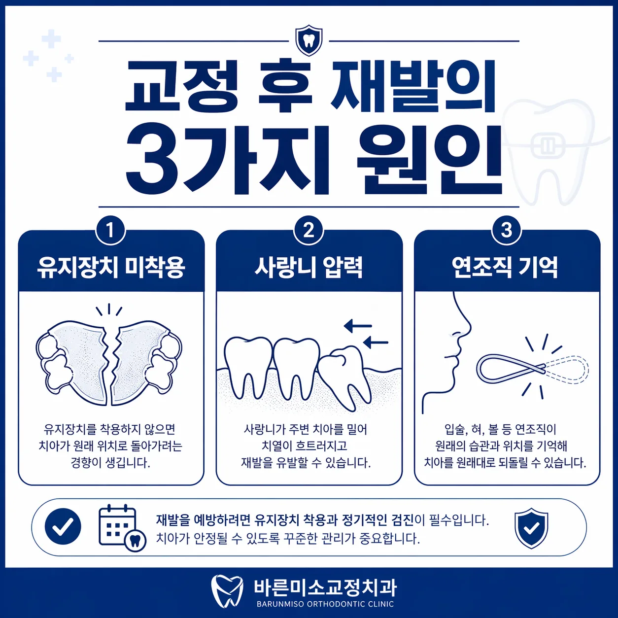 교정 재발 3가지 원인 인포그래픽