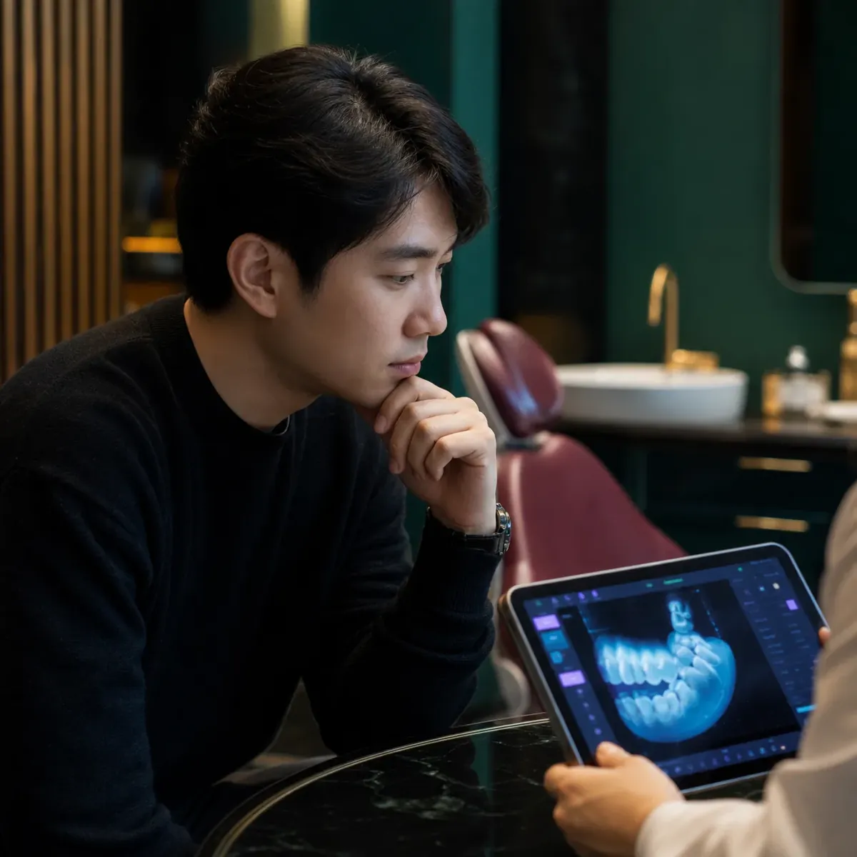 교정 중 자신의 와이어를 거울로 살펴보는 환자