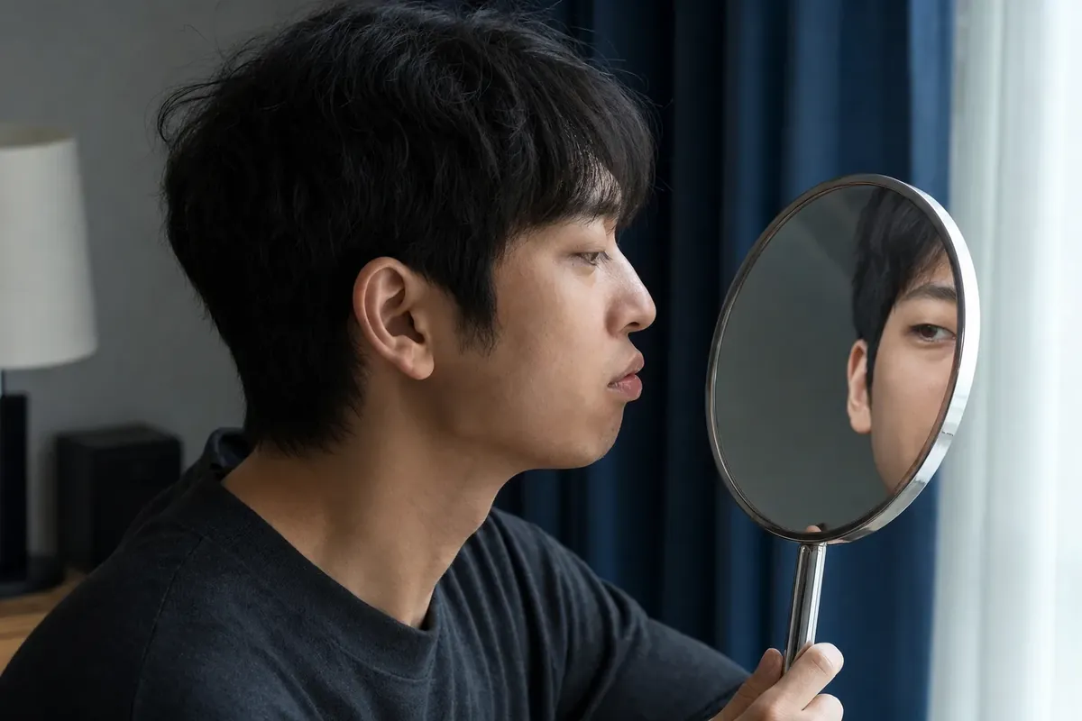 옆모습 입돌출을 거울로 살피는 성인 - 돌출입 비발치 교정 고민 | 아너스교정치과