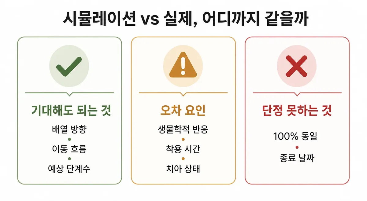 클린체크 시뮬레이션과 실제 결과 비교 인포그래픽: 기대해도 되는 것, 오차 요인, 단정할 수 없는 것