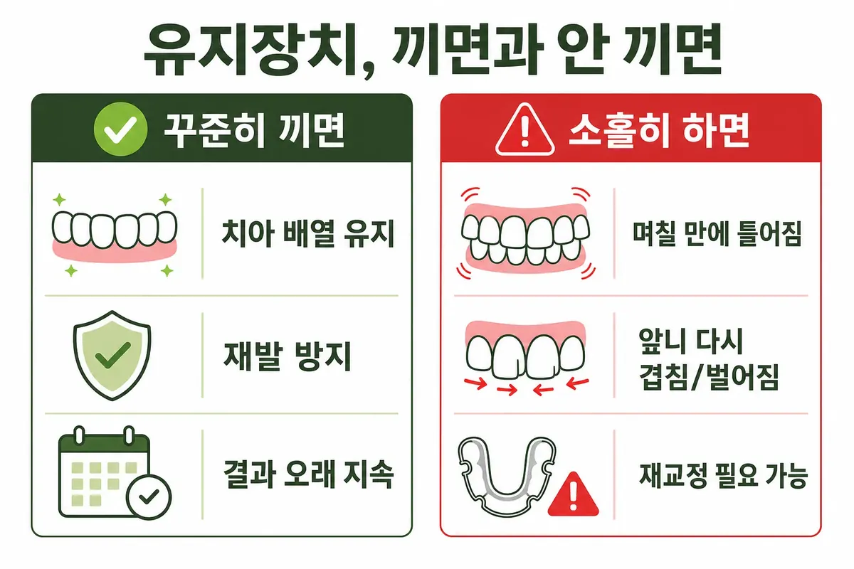 유지장치를 끼는 이유와 끼지 않았을 때 생기는 변화 비교 인포그래픽