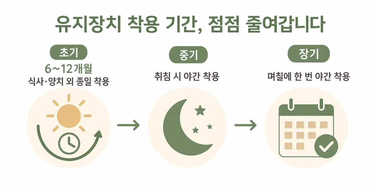 유지장치 착용 기간 단계별 타임라인 인포그래픽: 초기 종일 착용에서 야간 착용, 장기 유지까지