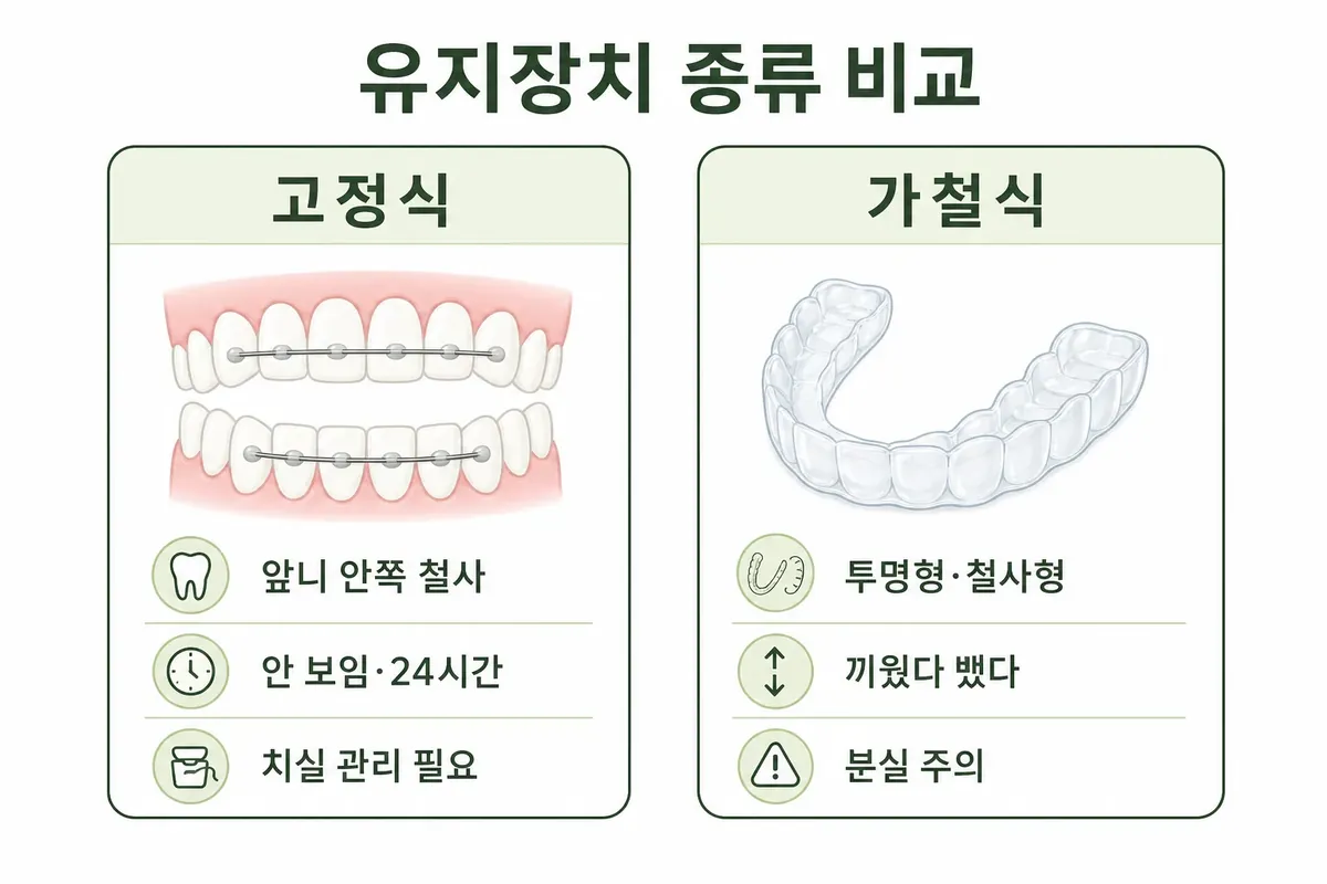 가철식 유지장치와 고정식 유지장치 비교 인포그래픽
