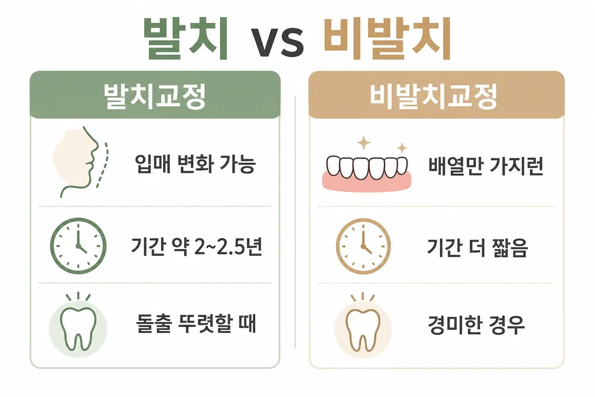 돌출입 발치교정과 비발치교정 비교 인포그래픽: 입매 변화, 기간, 적합한 경우