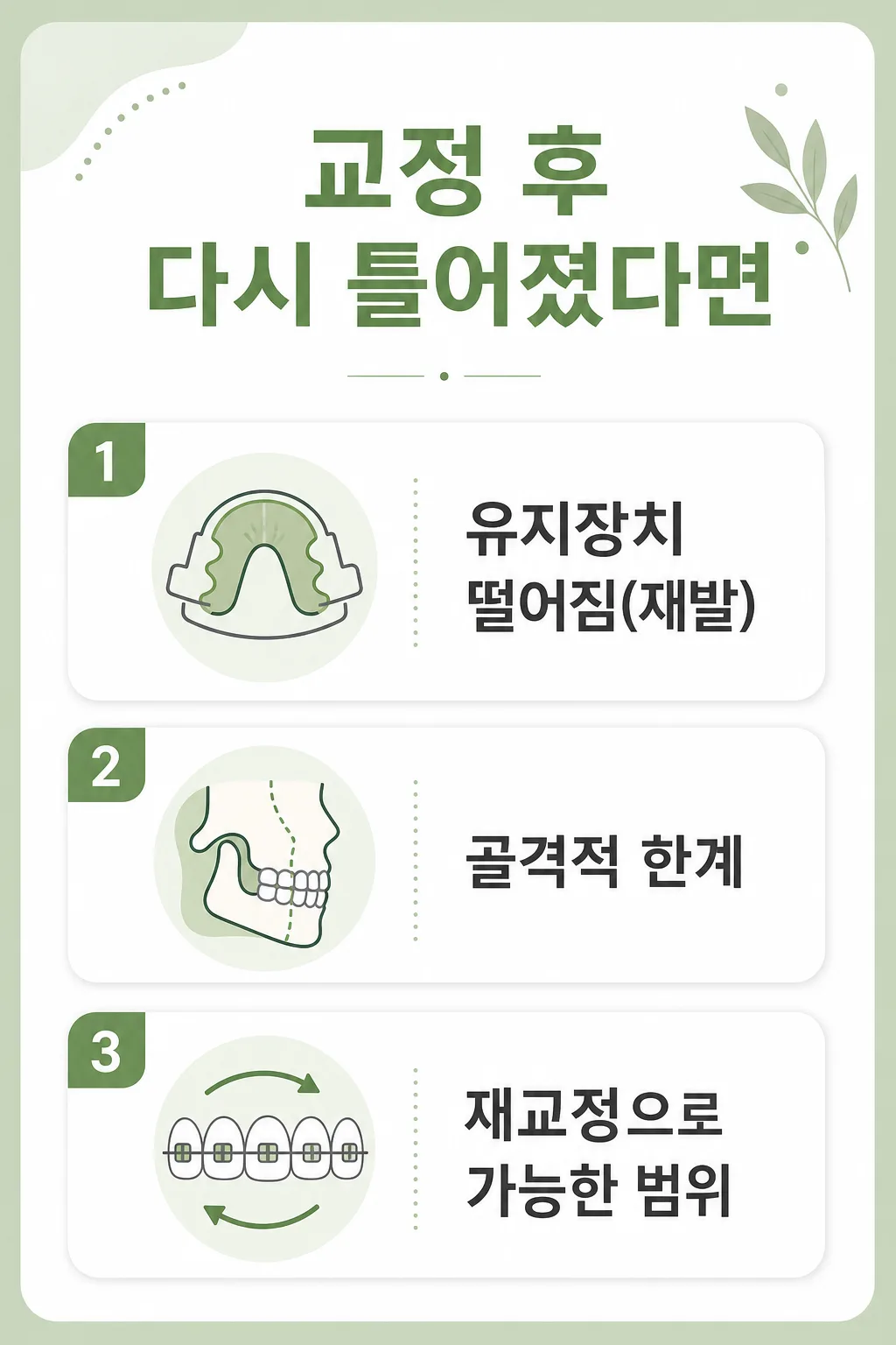 교정 후 다시 틀어졌을 때 원인 3가지 인포그래픽: 유지장치 재발, 골격적 한계, 재교정 판단
