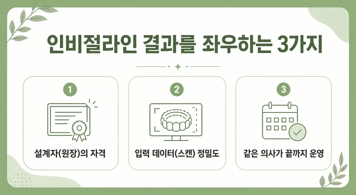 인비절라인 결과를 좌우하는 3요소 인포그래픽: 설계자 자격, 입력 데이터 정밀도, 운영 일관성