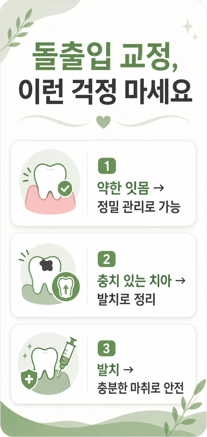 돌출입 교정 전 걱정 해소 인포그래픽: 약한 잇몸, 충치 치아, 발치 안전