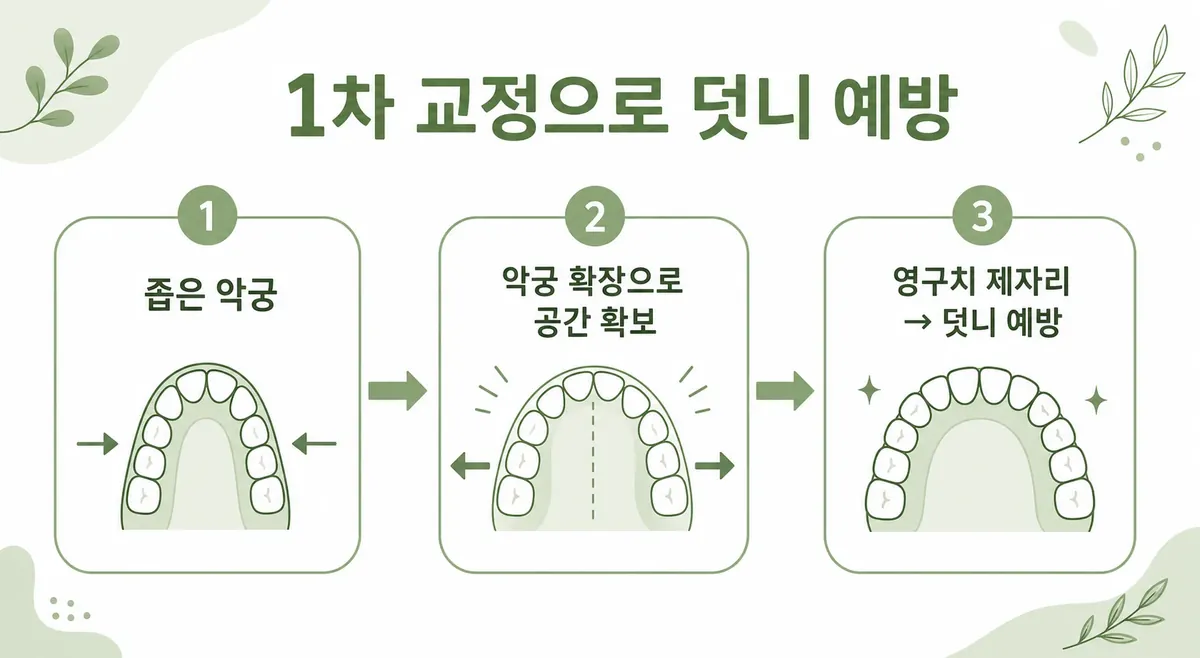 1차 교정으로 덧니 예방 흐름 인포그래픽: 좁은 악궁 확장으로 영구치 길 확보
