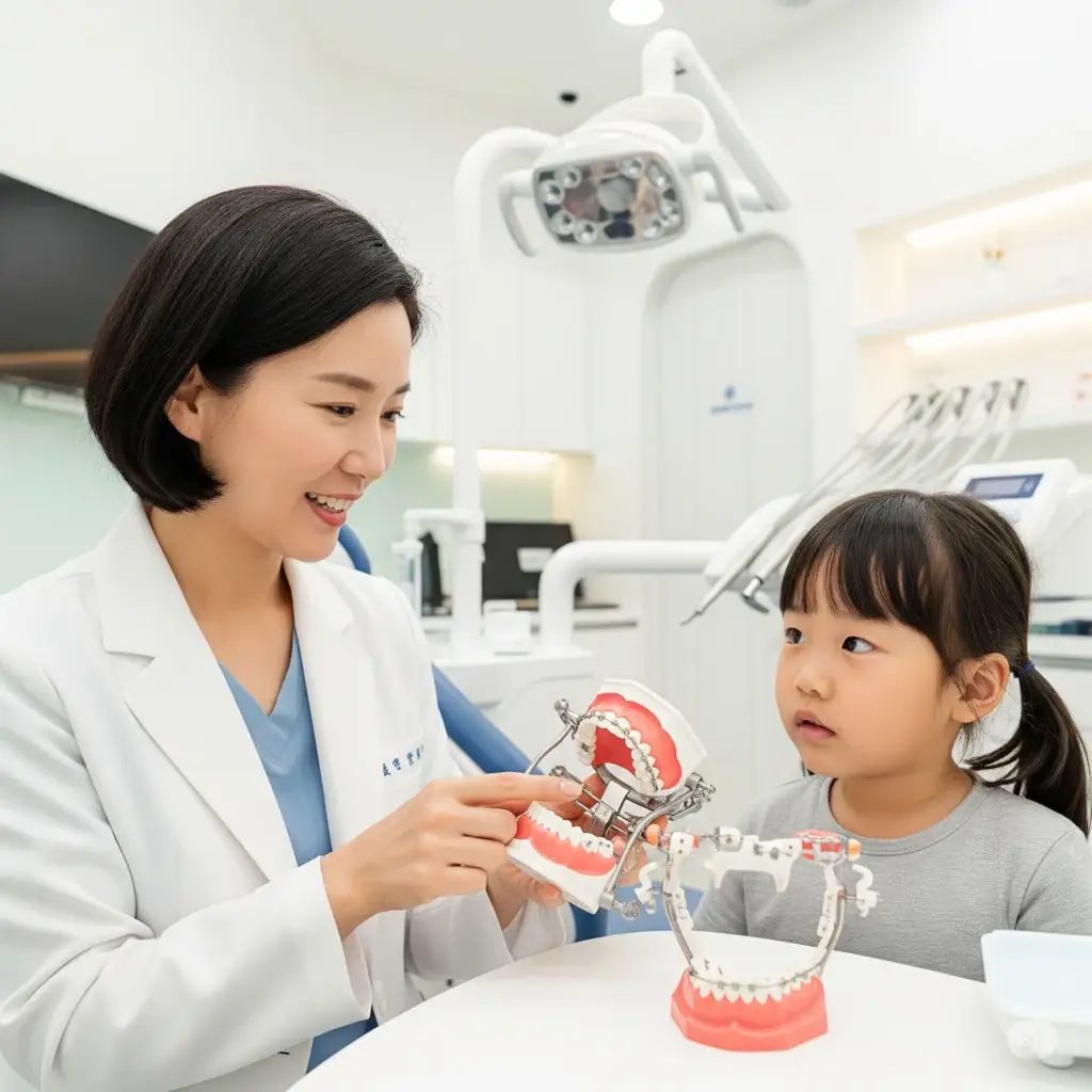 치과에서 소아교정 성장조절 상담하는 7세 어린이
