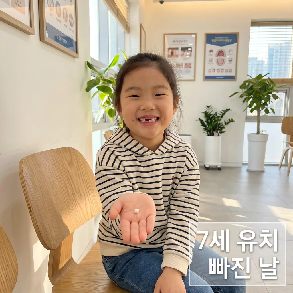 7세 아이가 빠진 유치를 손에 들고 활짝 웃는 모습, 아너스교정치과