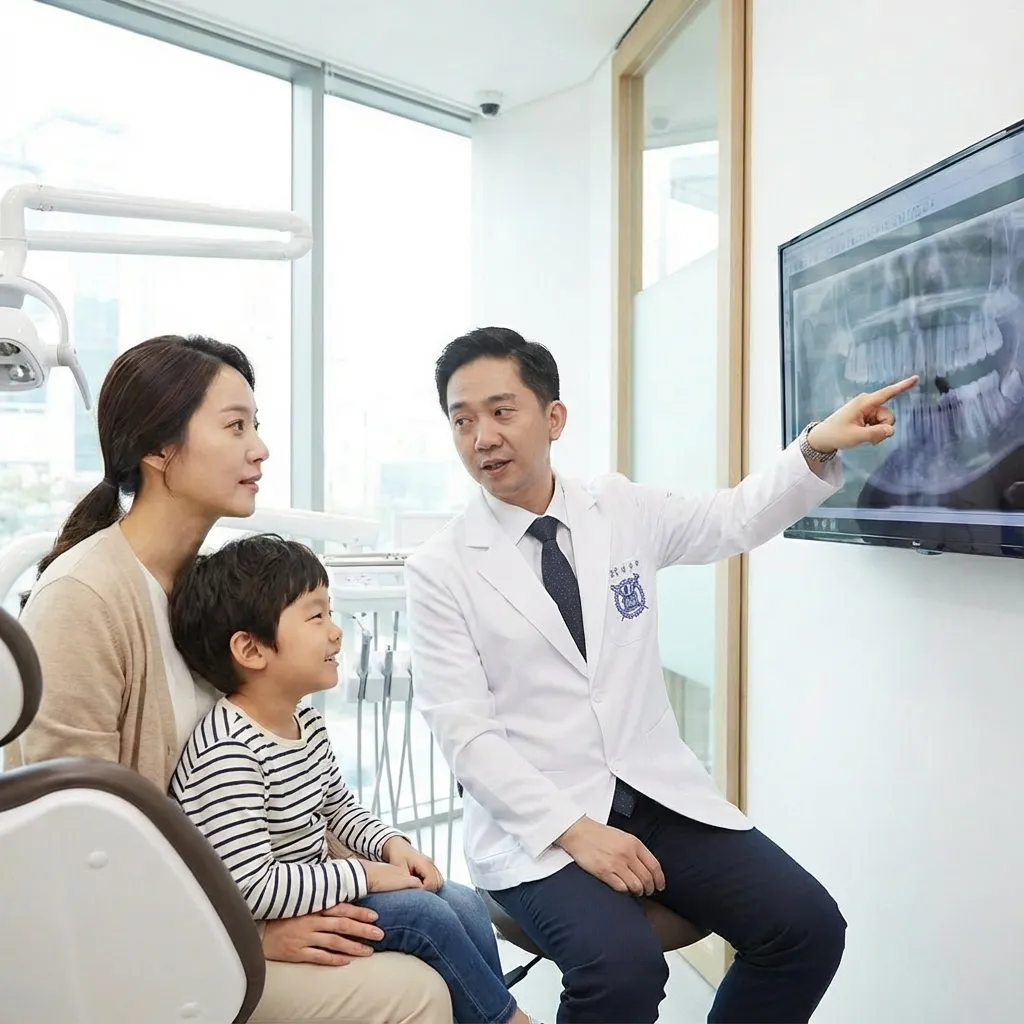 소아 치아교정 검진을 위해 교정 전문의와 상담하는 엄마와 아이