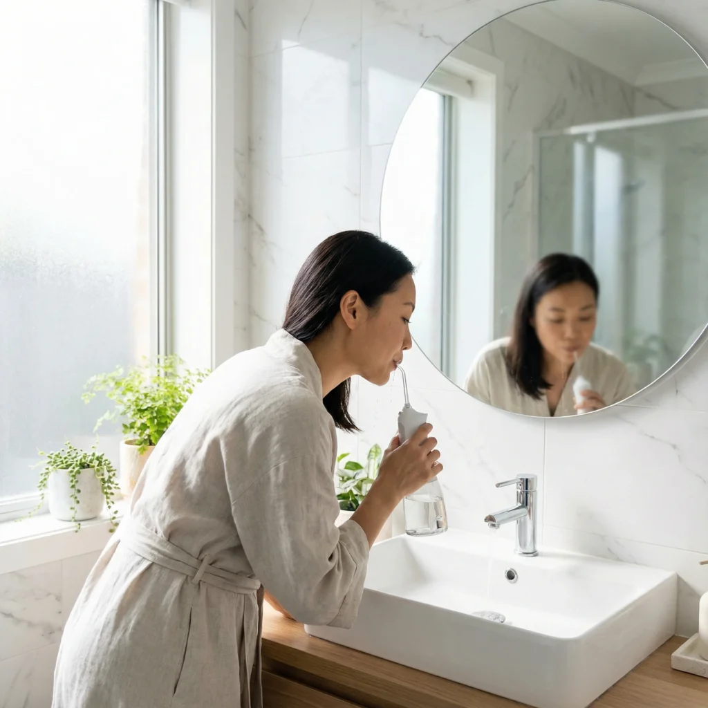 워터픽으로 설측유지장치 관리하는 30대 여성